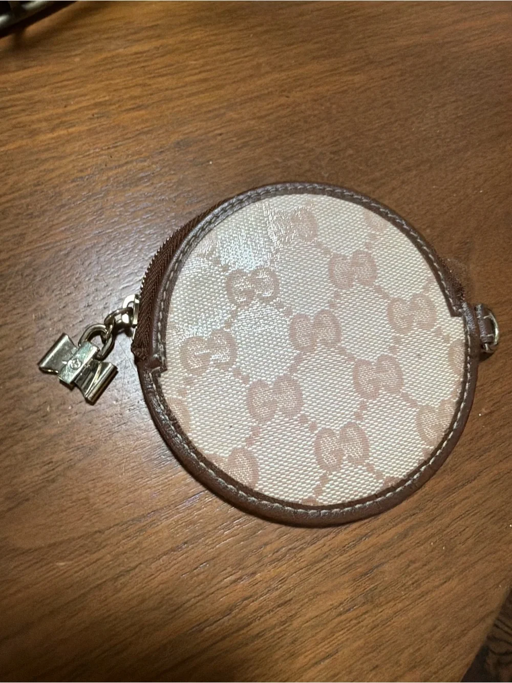 Gucci Beige and Brown Round GG Coin Pouch with Gold-Tone Hardware